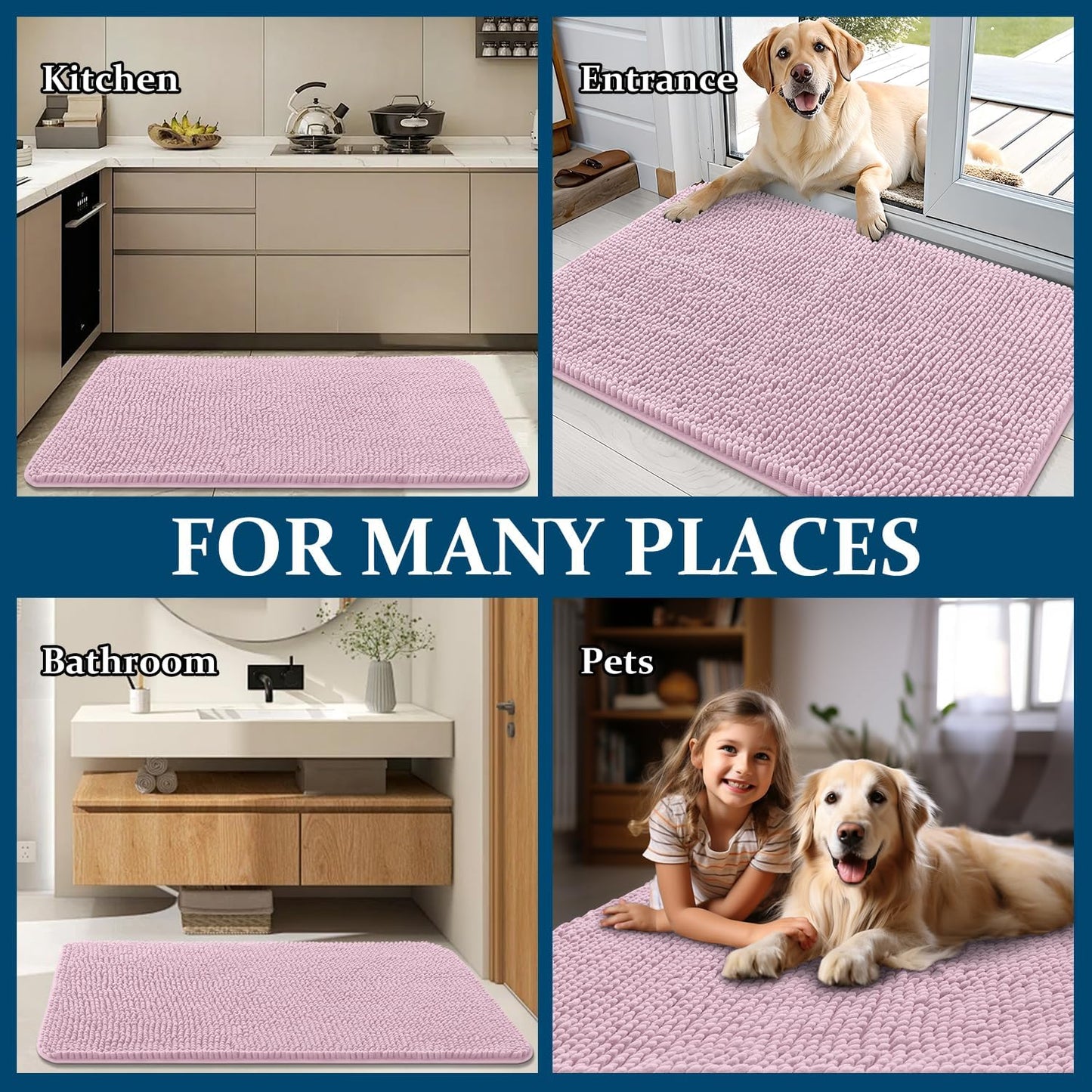 OLANLY Dog Door Mat - Absorbent Non-Slip Chenille Mat for Muddy Paws | 34x21, Dusty Rose Color