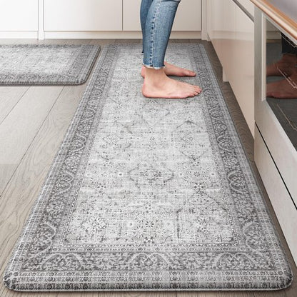 KIMODE Anti Fatigue Kitchen Mats for Floor, Boho Oriental Kitchen Rugs Sets of 2, Padded Kitchen Floor Mats Non Slip, Cushioned Standing Mats for Sink, Laundry, Desk Grey 20"x47"+20"x32"