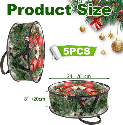 MUXHEL Christmas Wreath Storage Bags - 5 Pcs Clear, Tear-Resistant Containers for 24" Wreaths