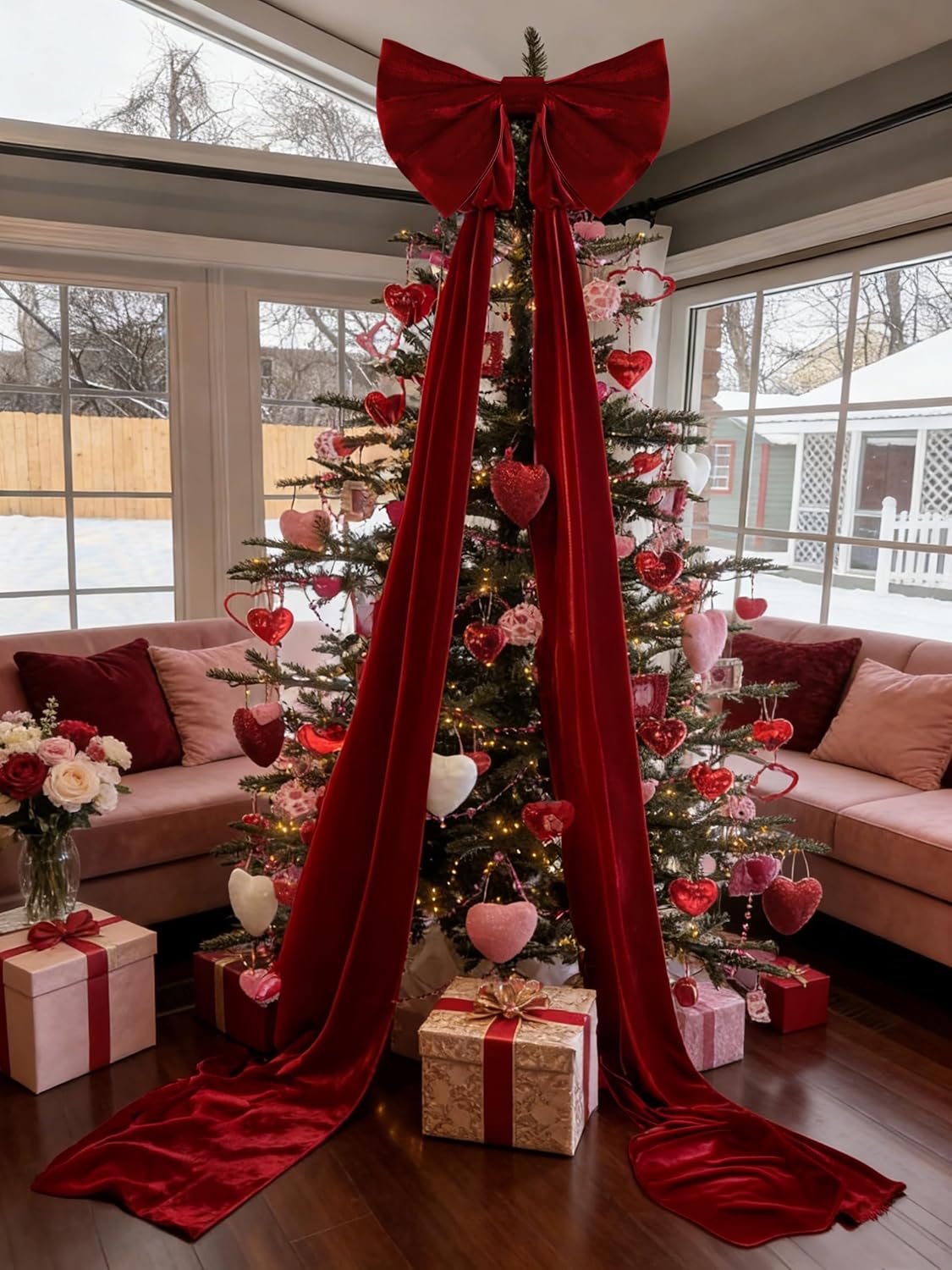 UQJE Giant 3D Velvet Ribbon Bows - Red Big Bow Valentine's Day Decorations | Tree Topper Decor for Parties