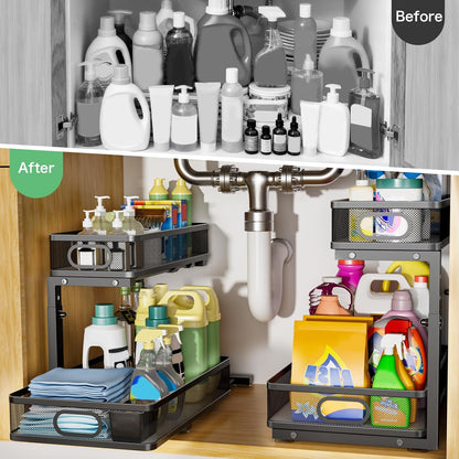 Under Sink Organizer - Adjustable 2-Tier Metal Storage Solution | Pull-Out Drawer for Kitchen & Bathroom (Black)