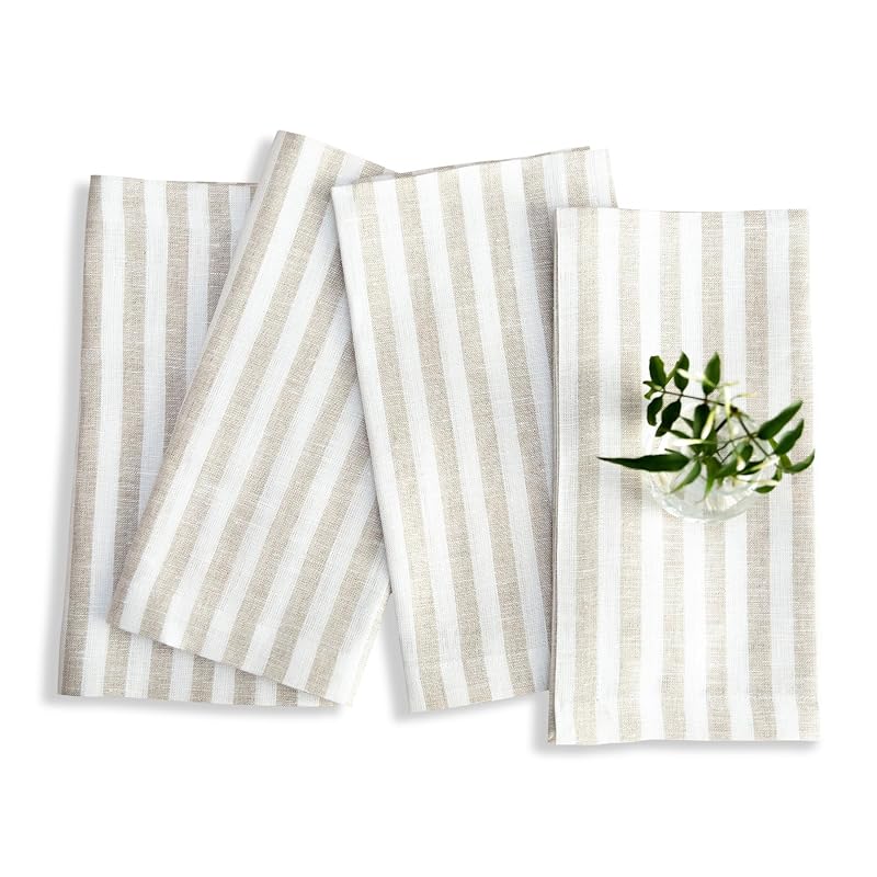 Solino Home 100% Linen Dinner Napkins Set of 4 - Natural & White 20 x 20 in (Variation: 01: Natural & White+20" x 20" Set of 4)