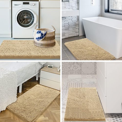 Smiry Luxury Chenille Bathroom Rugs 70x24, Extra Soft and Absorbent Shaggy Bath Mat, Machine Washable, Non-Slip Plush Carpet Runner for Tub, Shower, and Floor, Home Decor Accessories, Beige