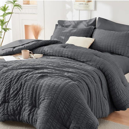 HYMOKEGE Full Size Comforter Set - Luxurious 7-Piece Seersucker Bedding in Dark Grey | All-Season Comfort