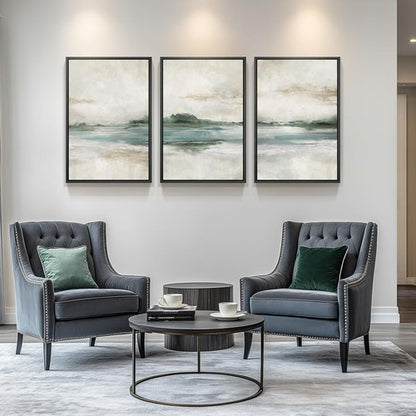 Large Framed Abstract Nature Landscape Wall Art - Set of 3 Modern Canvas Prints | 24x36 Inch Green Lake Decor for Living Room & Office