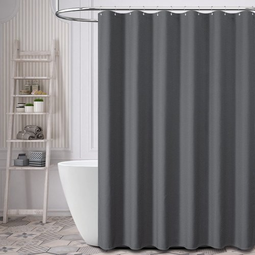 Dynamene Extra Long Fabric Shower Curtain - Waffle Weave 90 Inches Long Heavy Duty Cloth Shower Curtains for Bathroom, 256GSM Tall Hotel Luxury Bath Curtain Set with 12 Plastic Hooks, Charcoal Grey