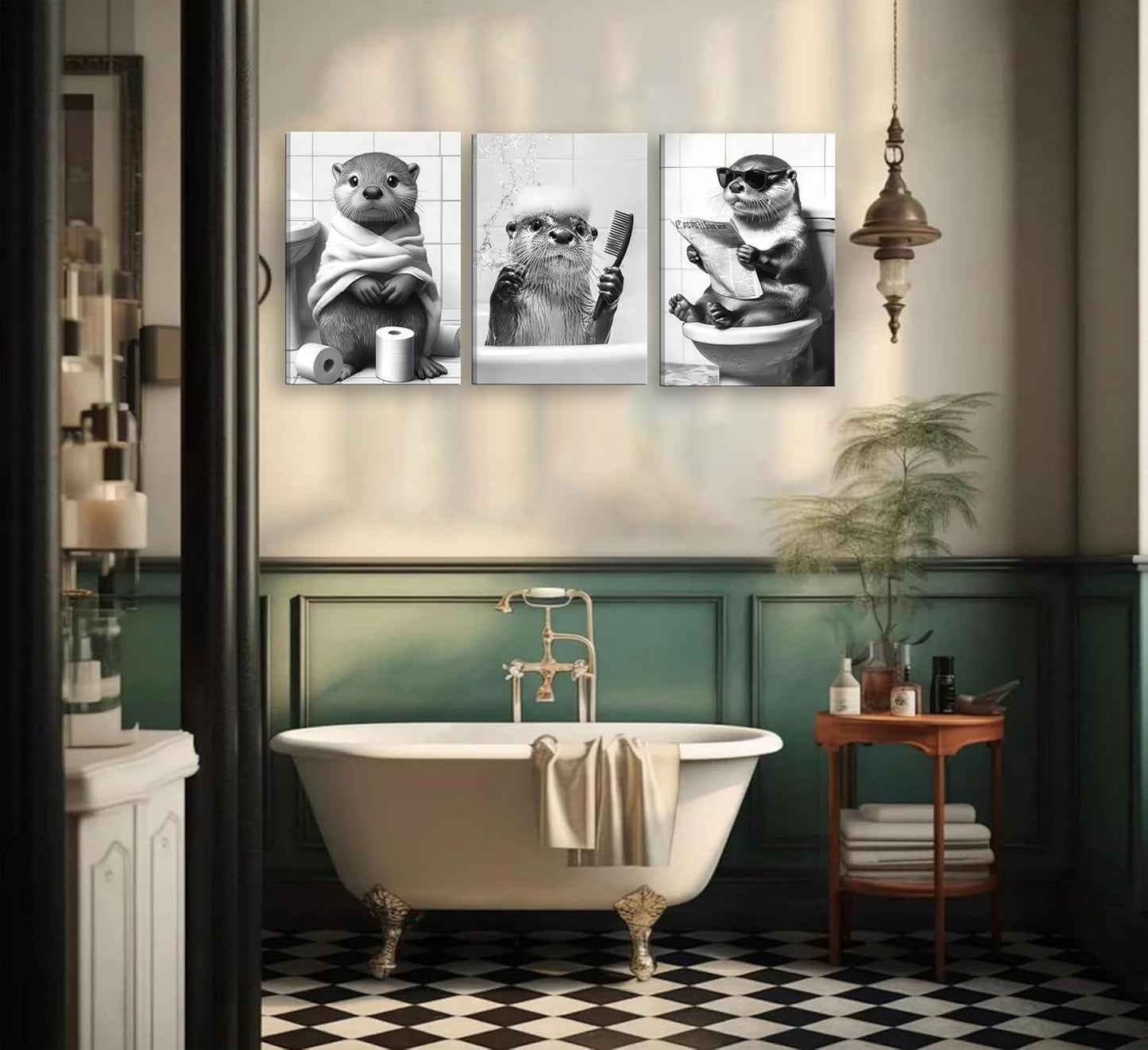 Skiennix Cute Otter Canvas Wall Art - Funny Black and White Animal Print for Bathroom Decor | 3-Piece Set