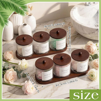 Vesici Bathroom Canisters Set - 6 Ribbed Apothecary Jars with Bamboo Lids & Trays | 18 oz Brown Storage Solution