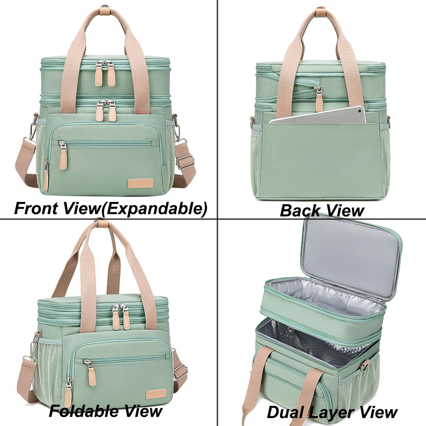 Weitars Insulated Lunch Box | Waterproof Dual Compartment Tote Cooler Bag (15L) - Green