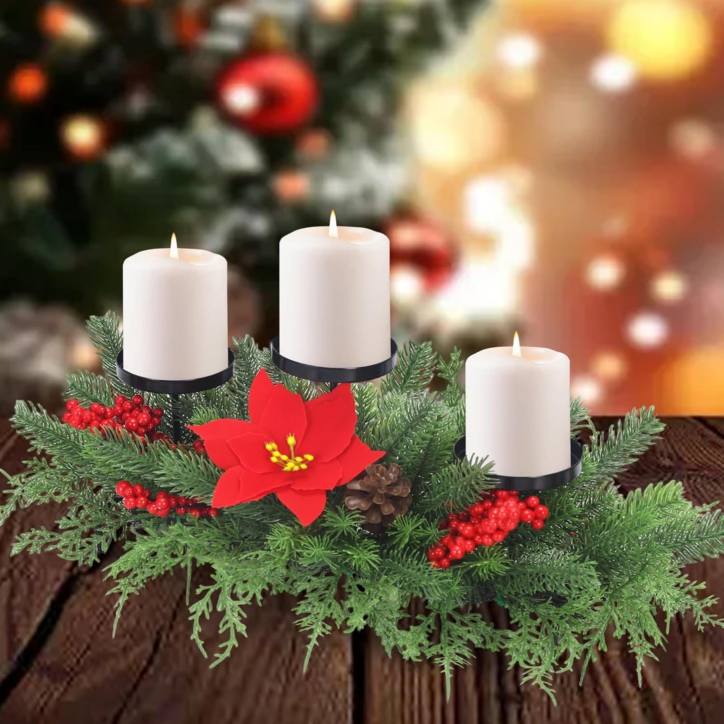 Regine Switzerland Christmas Advent Wreath Candle Holder - Elegant Table Centerpiece with 3 Holders, Red Berries & Pinecones