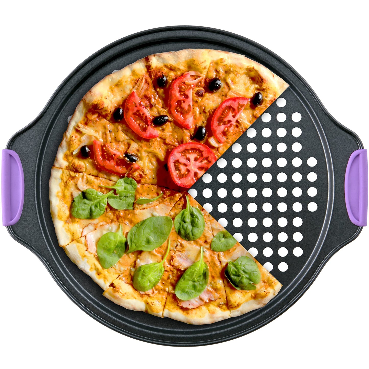 Amazing Abby - Chef Stacy - 13-Inch Non-Stick Pizza Pan with Holes, Perforated Pizza Crisper with Heat-Resistant Silicone Handle Grips, Oven-Safe Bakeware, Carbon Steel Baking Pan for Oven