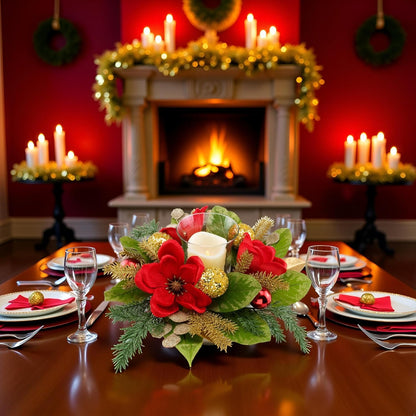 Regine Switzerland 18" Centerpiece - Flameless LED Candle Holder with Red Magnolia & Gold Baubles