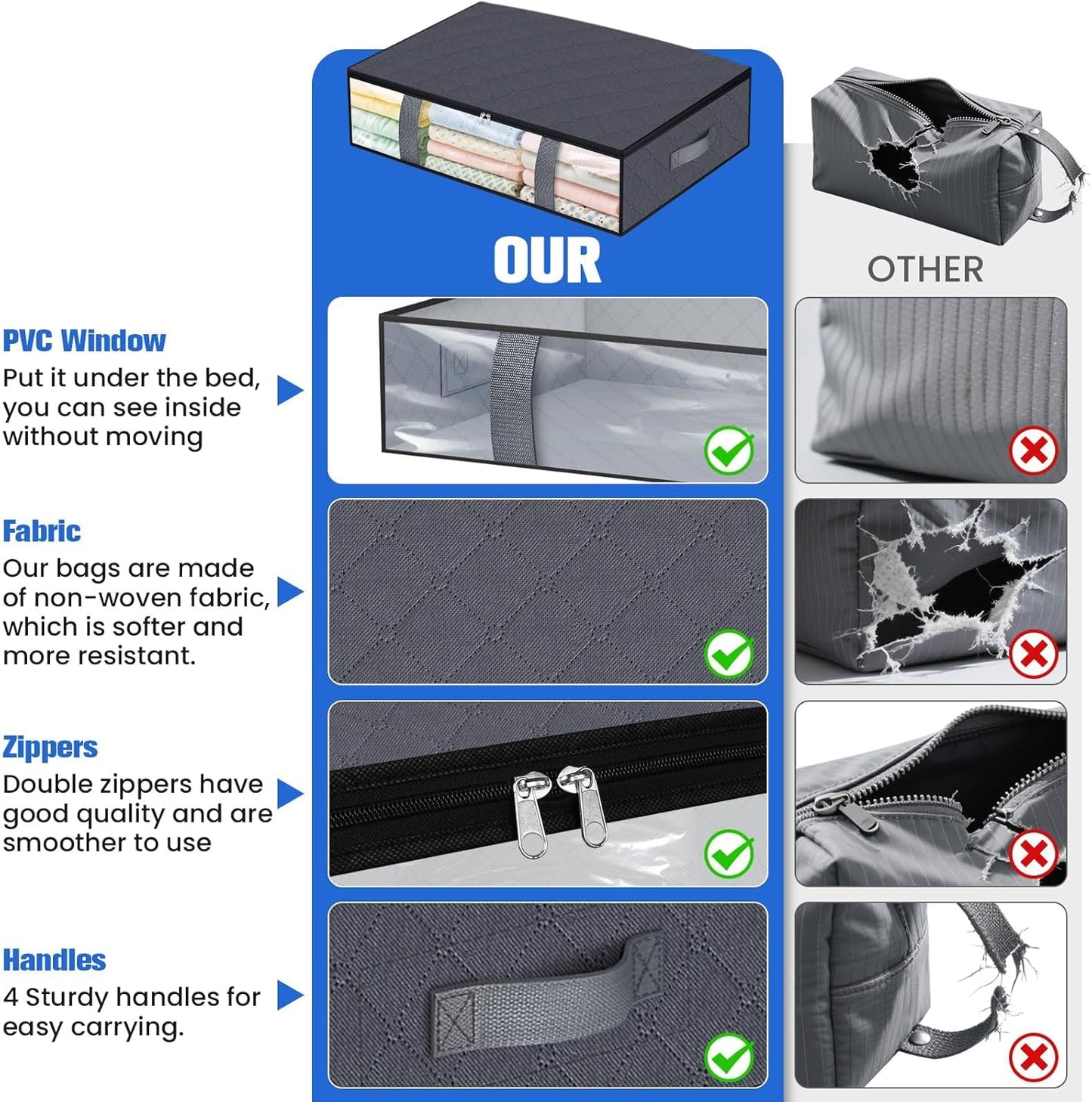 TasticTotes Under Bed Storage Containers - 4 Pack Collapsible Bags with Clear Front, 60L, Grey