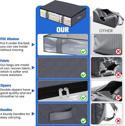 TasticTotes Under Bed Storage Containers - 4 Pack Collapsible Bags with Clear Front, 60L, Grey