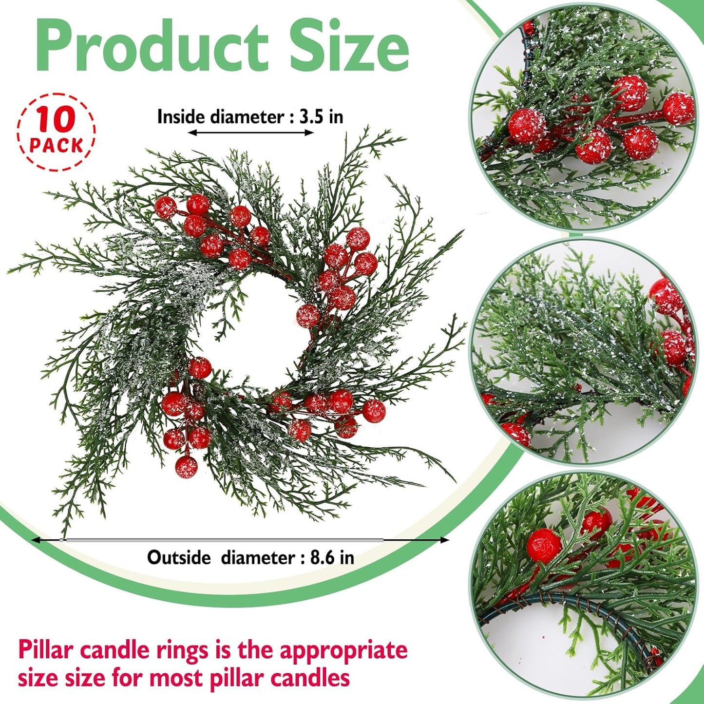 Regine Switzerland Christmas Candle Rings - 10 Pcs Red Berry & Snowy Pine Garland | Festive Table Centerpiece