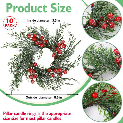 Regine Switzerland Christmas Candle Rings - 10 Pcs Red Berry & Snowy Pine Garland | Festive Table Centerpiece