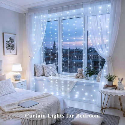 JMEXSUSS 200 LED Fairy Curtain Lights - Battery Operated & USB Plug-In | 8 Modes, Waterproof for Wedding & Party Decor, White