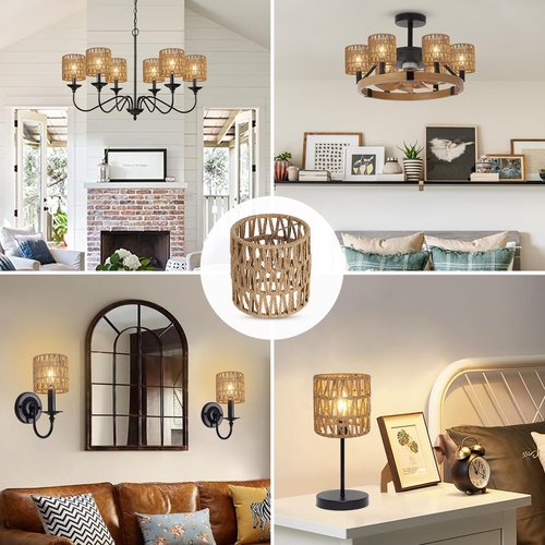 Chandelier Shades Set of 6, Small Rattan Lamp Shades Clip on Bulb, 5.1 x 5.1in Boho Lamp Shades Replacement, Mini Cylinder Woven Lampshade, Clip on Lamp Shade for Floor Lamp Pendant Light Wall Sconces