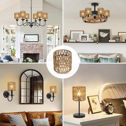 Chandelier Shades Set of 6, Small Rattan Lamp Shades Clip on Bulb, 5.1 x 5.1in Boho Lamp Shades Replacement, Mini Cylinder Woven Lampshade, Clip on Lamp Shade for Floor Lamp Pendant Light Wall Sconces
