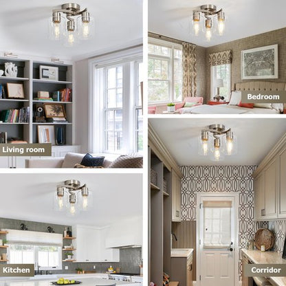 Doltoro Brushed Nickel Ceiling Light Fixtures, 3-Light Kitchen Light Fixture, Modern Flush Mount Ceiling Light Mount with Clear Glass Shade for Foyer Stairs Hallway Entryway Bedroom