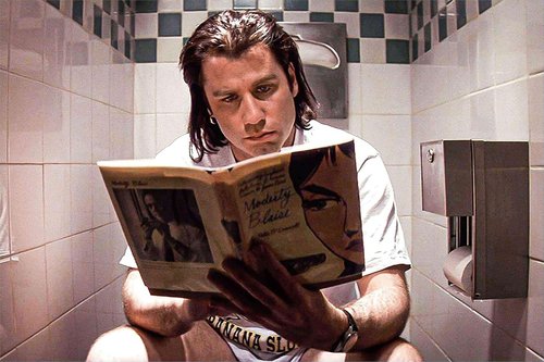 Funny Bathroom Wall Art - Man Reading Newspaper on Toilet | Humorous Movie Poster Canvas Print