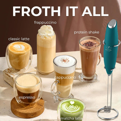 Zulay Kitchen Tornado Triple Whisk Milk Frother - Handheld Foam Maker for Coffee & Lattes | Vivid Emerald, Includes 4 Duracell Batteries