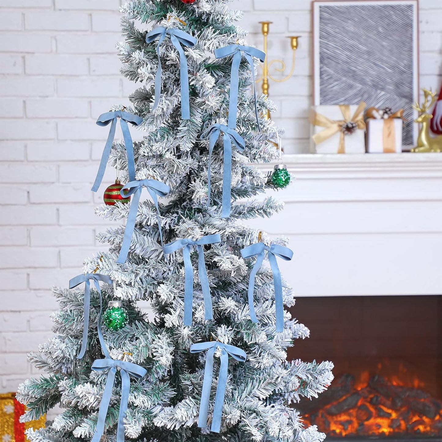 Skiennix Velvet Bows | 24 Pcs Vintage Double-Faced Ribbon Ornaments for Christmas Tree & Wreaths - Dusty Blue (5 x 7 Inch)