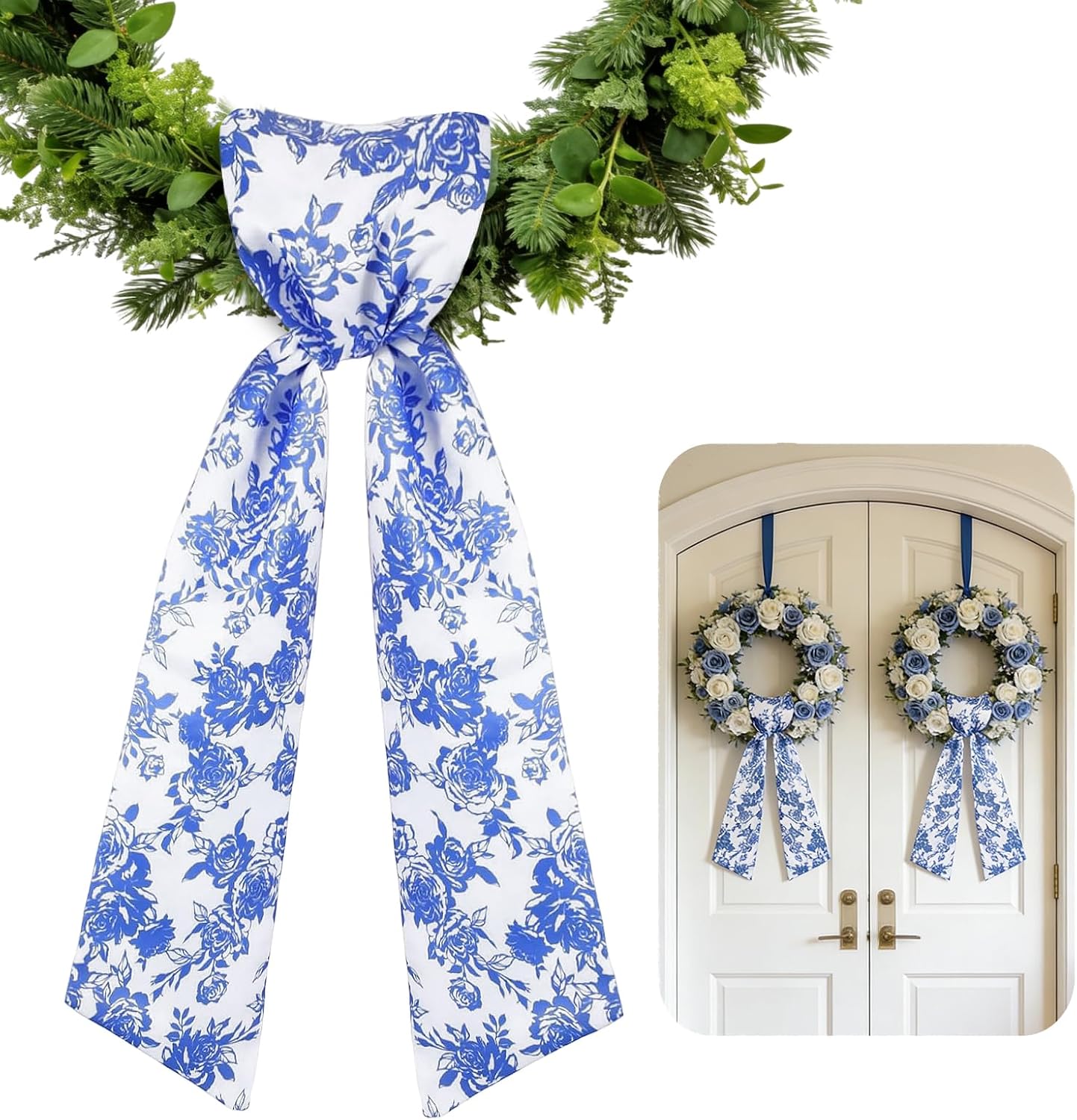 AZYM Wreath Sash Set - Romantic Blue Floral Ribbon for Front Door & Indoor Decor | 2 Pcs