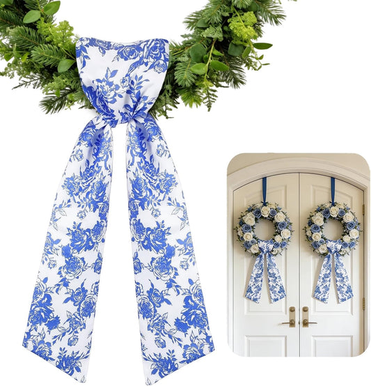 AZYM Wreath Sash Set - Romantic Blue Floral Ribbon for Front Door & Indoor Decor | 2 Pcs