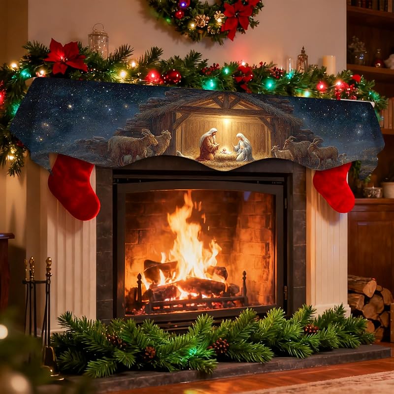 Nuxovilar Christmas Mantel Scarf Cover 19x79 in - Nativity Design, Polyester (YYE04304)