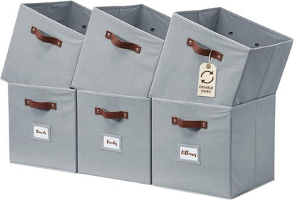 DECOMOMO Storage Bins - Fabric Cube Storage Bins with Labels for Shelves | 10.5" x 11" | Grey (6pcs)
