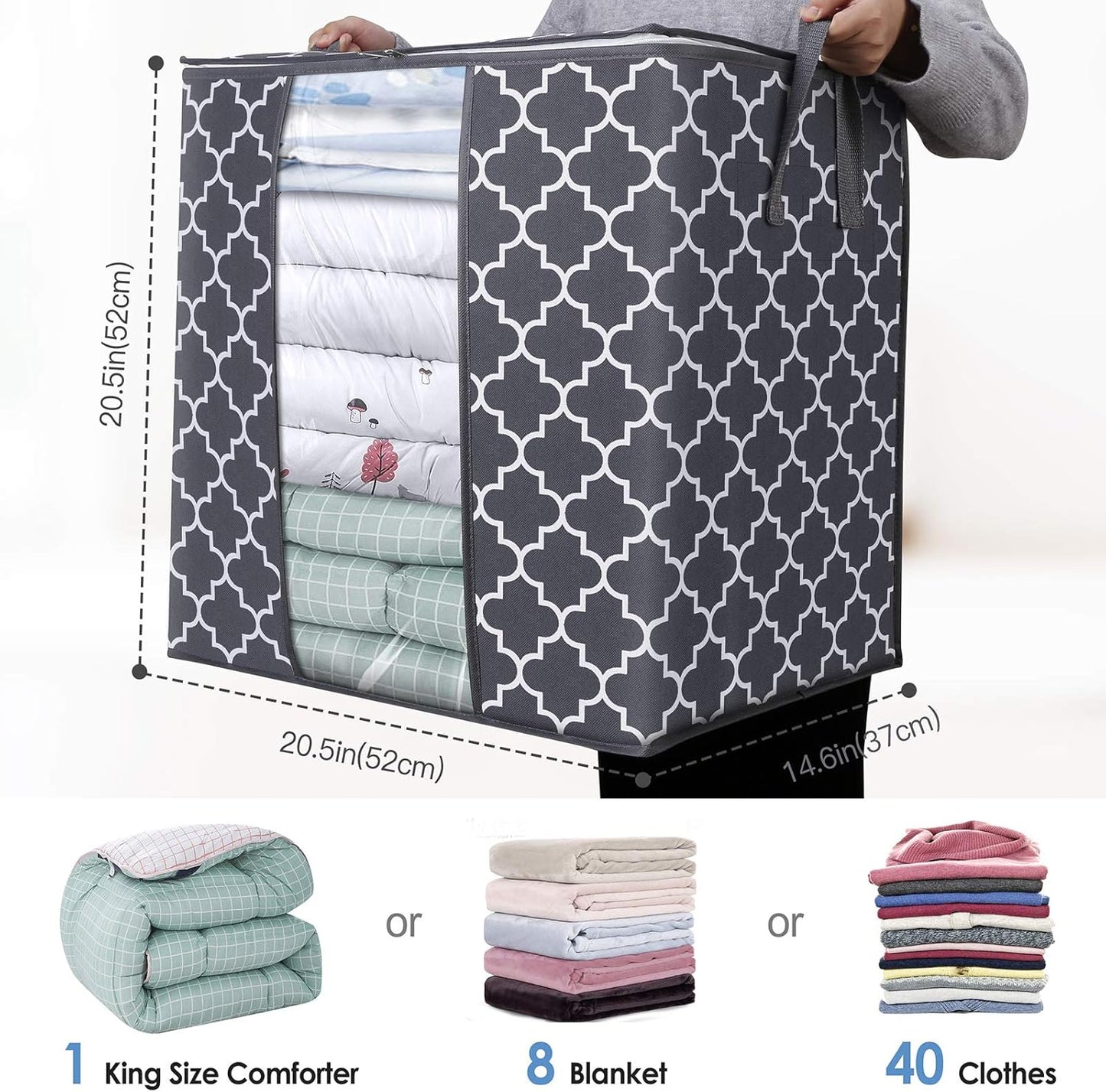 WISELIFE Storage Bags - 4 Pack 100L Large Blanket and Clothes Organizers | Foldable with Clear Window & Reinforced Handles, Gray