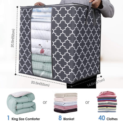 WISELIFE Storage Bags - 4 Pack 100L Large Blanket and Clothes Organizers | Foldable with Clear Window & Reinforced Handles, Gray