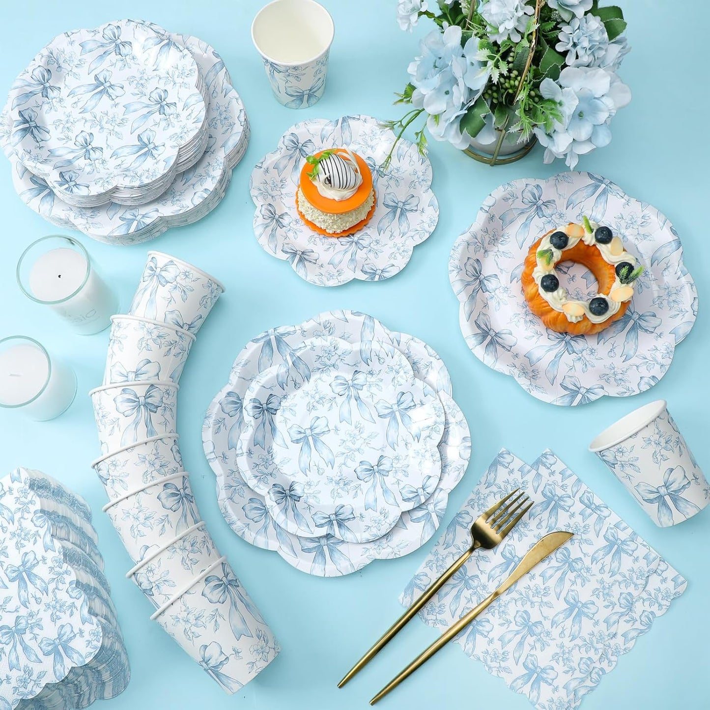 Newtay Disposable Tableware Set - 250 Pcs Blue Floral Plates, Napkins & Cups for 50 Guests | Perfect for Weddings & Bridal Showers