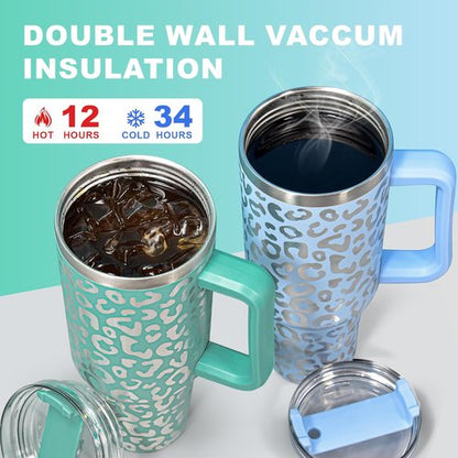 40 oz Stainless Steel Tumbler by [Brand Name] - Leak-Proof Travel Mug with Handle & Straw | Cheetah Design