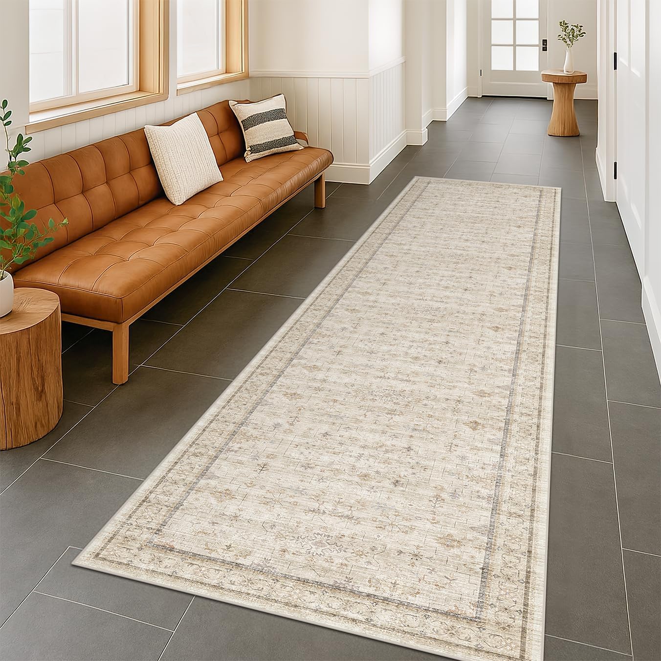 Regine Switzerland Washable 2x8 Runner Rug - Non-Slip, Stain Resistant Geometric Floral Design in Vintage Beige