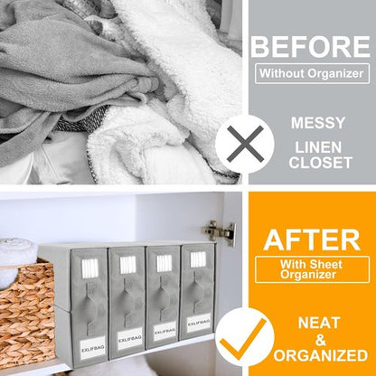 EXLIFBAG Sheet Organizers - Foldable Storage for Linen Closet | XL Size for Queen & King Bedding - Gray