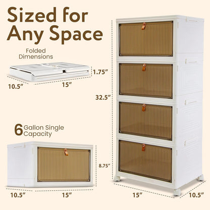 Quik Box 4-Tier Stackable Storage Organizer - 24 Gallon Collapsible Bins with Magnetic Doors | Space-Saving Bedroom & Closet Solution