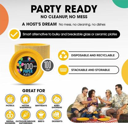 Skiennix Heavy-Duty Yellow Disposable Paper Plates - 9 Inch, 100 Pcs for Parties & Events