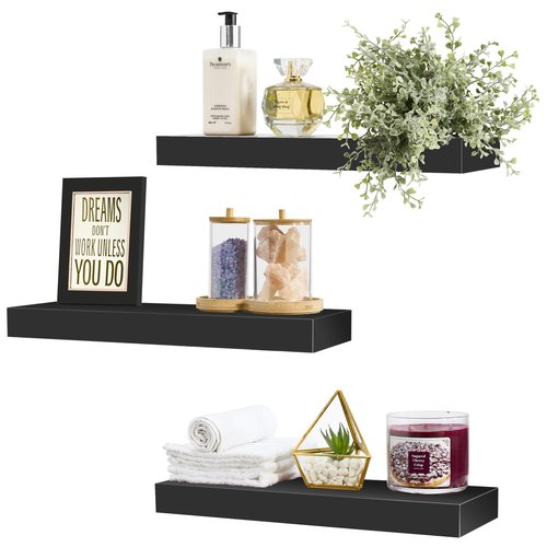 Sorbus Floating Shelves for Wall – 16 Inch Floating Shelf for Kitchen, Bedroom, Living Room, Bathroom, Home & Wall Decor - Mounted Bathroom Shelves with Invisible Brackets (Black, 3 Pack)