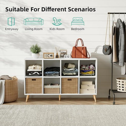Flrrtenv 8-Cube Bookshelf - Modern 2-Tier Bookcase with Legs | 47" Freestanding Wood Storage in White