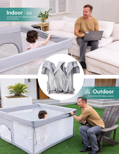 Babelio Foldable Baby Playpen - Portable 54.5" Playard with Mat for Indoor & Outdoor Use | Grey