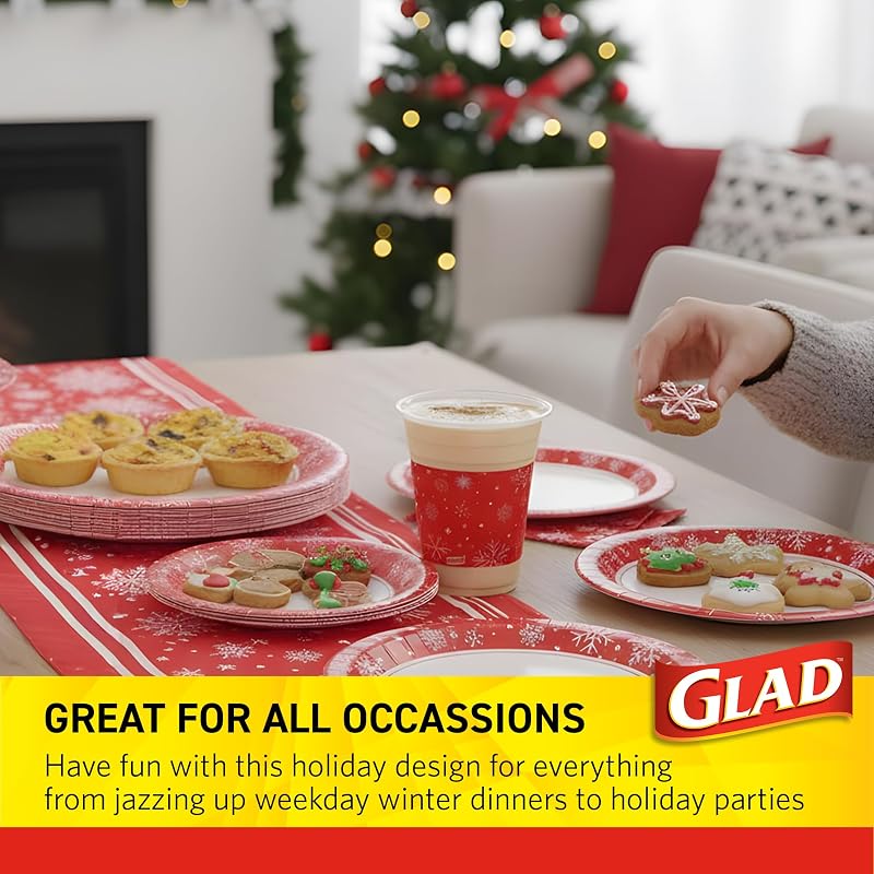 Glad Red Snowflake 7-Inch Disposable Paper Plates, 30 Count - Variation Red+7 Inch