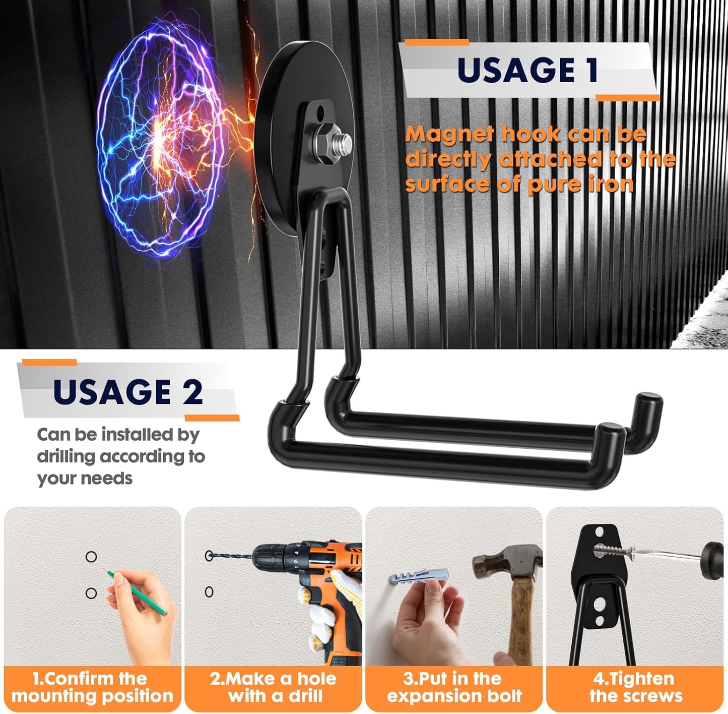 Skiennix Heavy Duty Magnetic Utility Hooks - Anti-Slip Coating for Garage & Garden Tools | Large Size (Black)