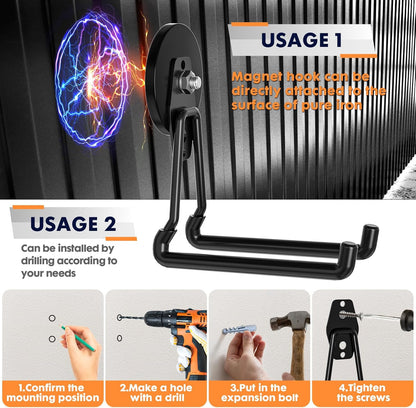 Skiennix Heavy Duty Magnetic Utility Hooks - Anti-Slip Coating for Garage & Garden Tools | Large Size (Black)