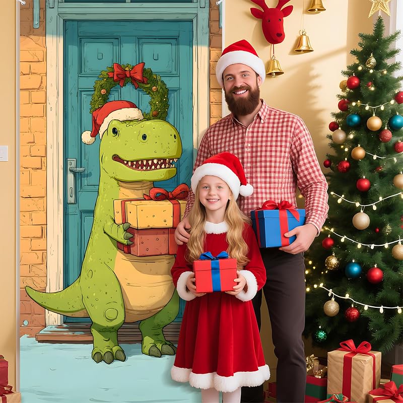 Green Dinosaur Christmas Door Banner 70.8 x 35.4 Inch - Indoor/Outdoor Holiday Decor