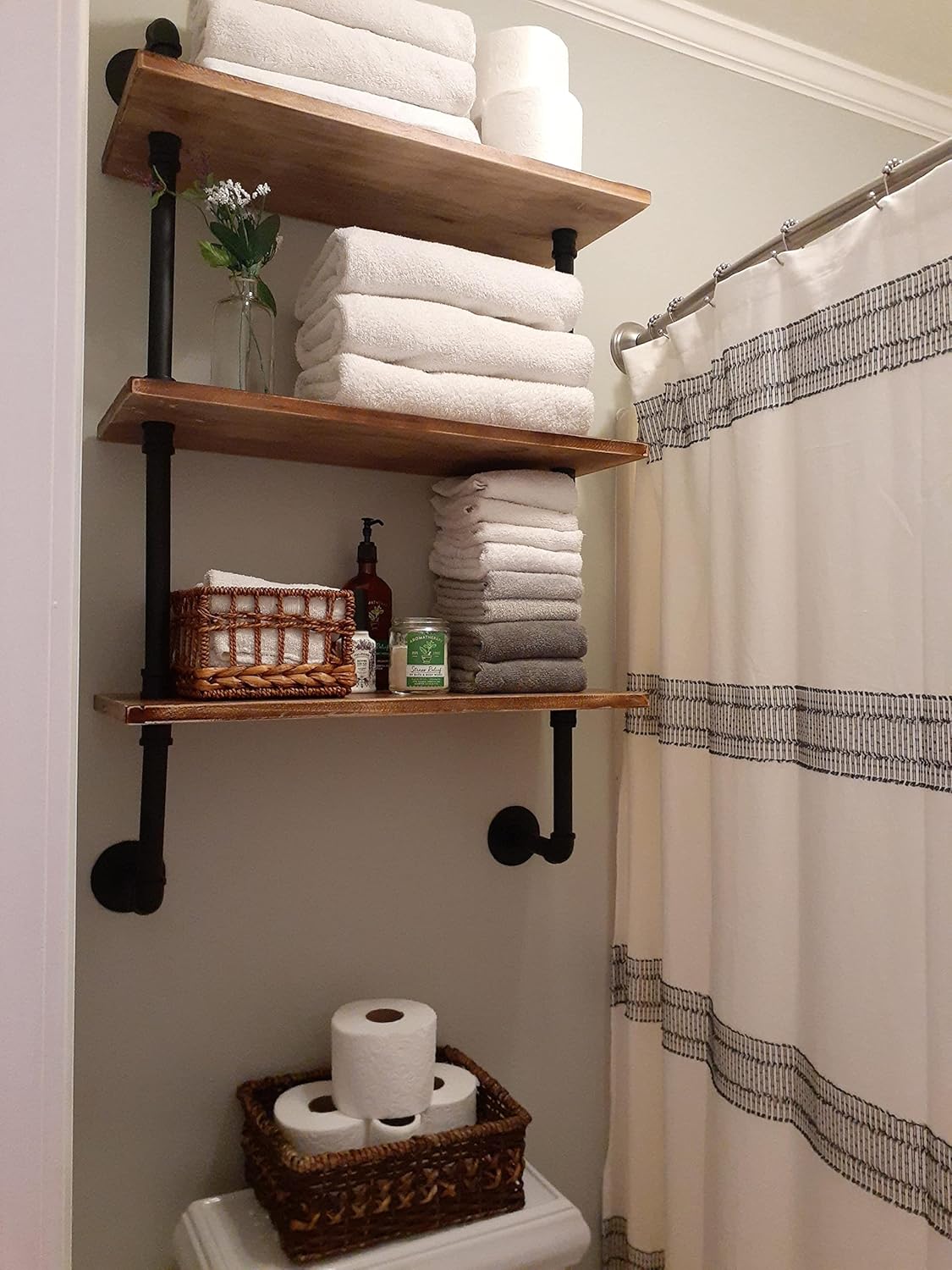 ROGMARS 3-Tier Floating Shelf - Real Pine Wood, Industrial Retro Style | 20"x7.87"x41.3" for Bathroom & Kitchen