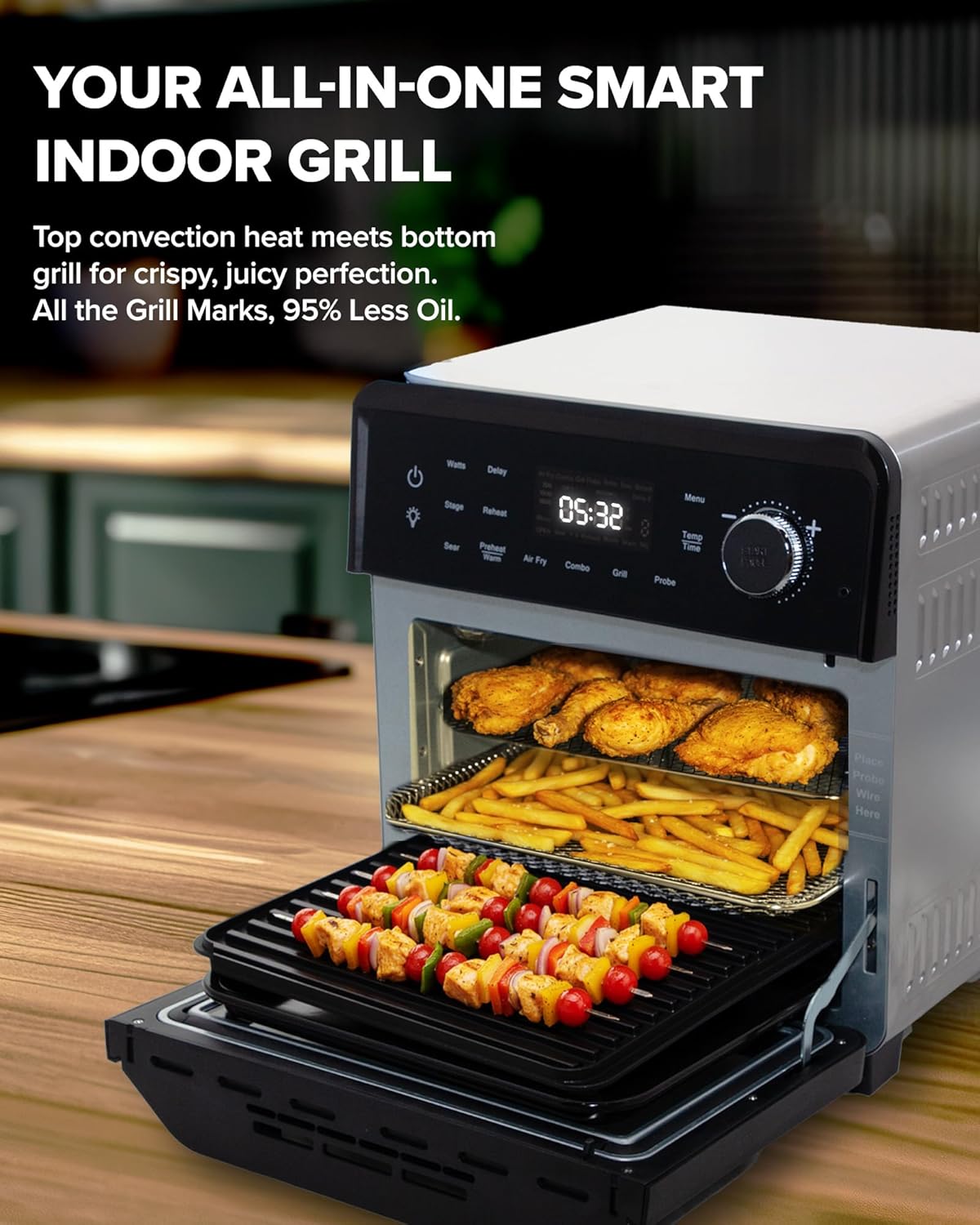 Nuwave Plug-In Grill Air Fryer Oven Combo - Even Heat & True Char Flavor | 150 Presets, Smart Probe, Stainless Steel