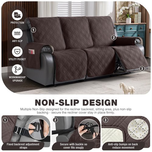 TAOCOCO 100% Waterproof Recliner Sofa Cover Non Slip Couch Cover for 3 Seat Reclining Sofa, Split Reclining Couch Covers 3-Piece with Straps, Washable Sofa Slipcover for Kids Pets(3 Seater, Chocolate)