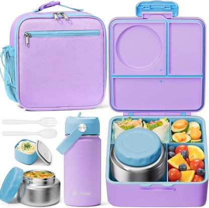 Fimibuke Kids Bento Lunch Box - Leakproof Insulated Food Jar & Water Bottle | 3-4 Compartment Container for School